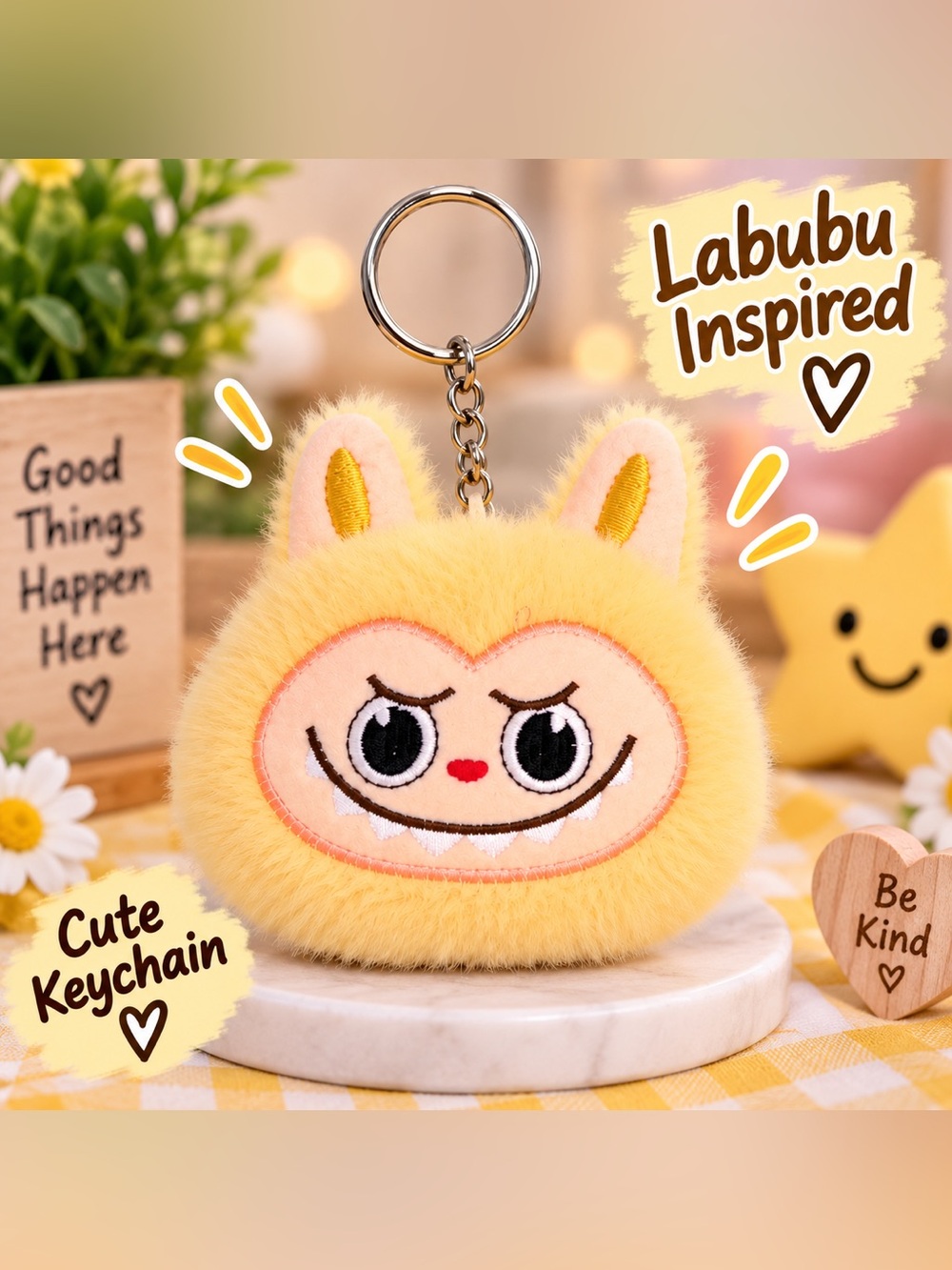 Beige Fuzzy Labubu Inspired Plush Keychain / Bag Charm NWOT